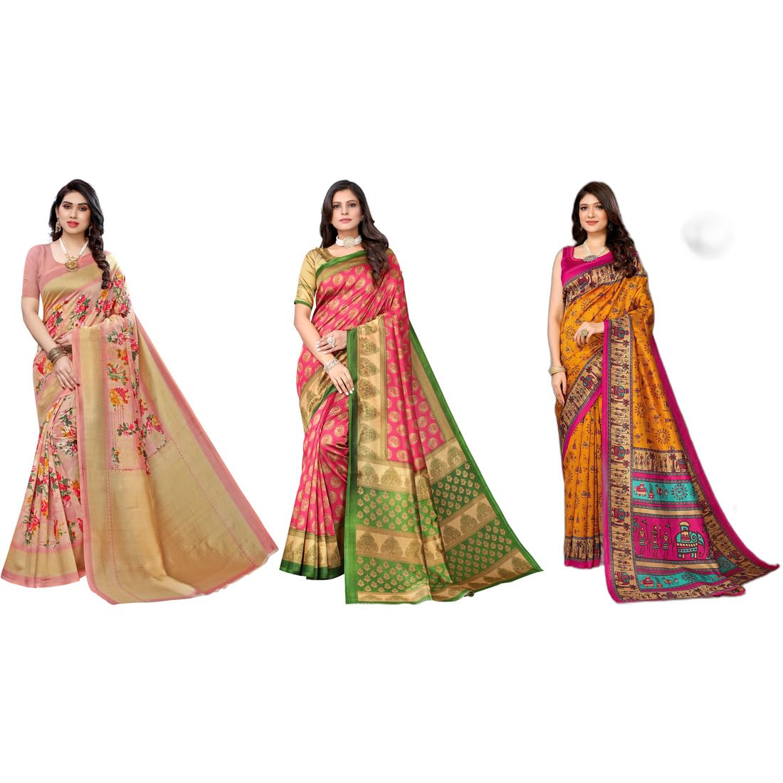 Yashika Sarees Sarees Women's Printed Silk Sarees with Blouse Unstitched 3 Piece Set Taille unique Multicoloured 11