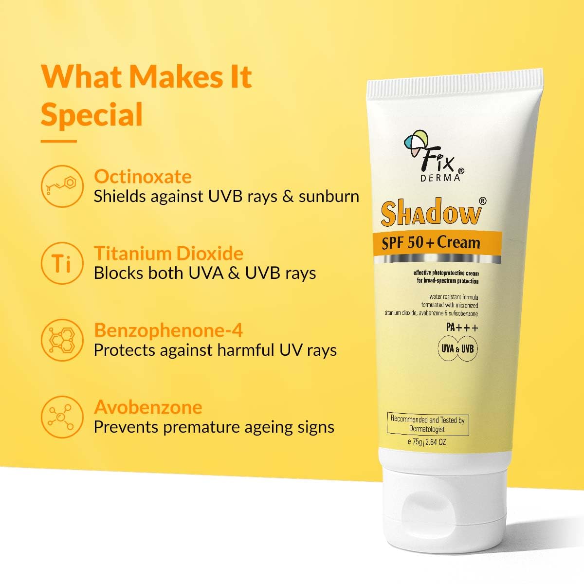 Fixderma Shadow Sunscreen SPF 50+ Cream PA+++ Dry Skin For Body & Face Broad Spectrum Sunscreen For UVA & UVB Protection Non Greasy & Water Resistant-75gm (Pack