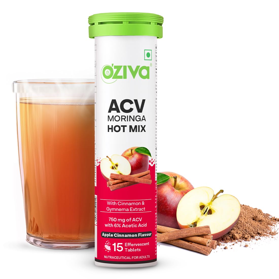 OZiva ACV Moringa Hot Mix Tablets, Boost Metabolism, Apple Cinnamon 15 count (Pack of 1)