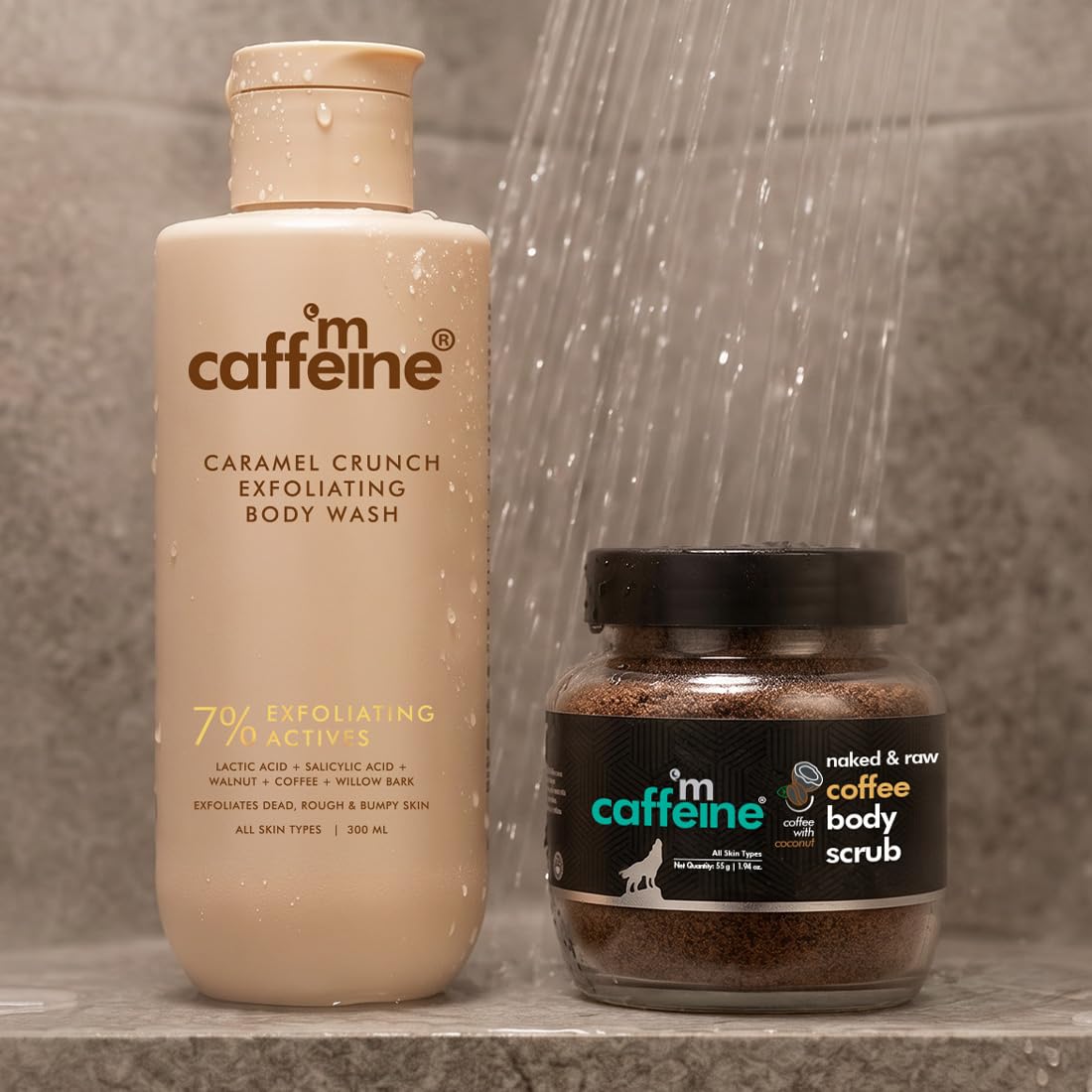 mCaffeine Deep Exfoliation Body Combo | Exfoliating Coffee Body Scrub Powder Jar for Tan Removal & Soft-Smooth Skin | 7% Exfoliating Body Wash | Reduces Body Ac