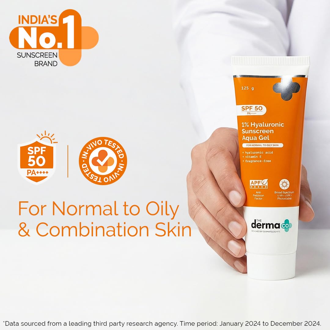 The Derma Co 1% Hyaluronic Sunscreen Aqua Gel SPF 50 PA++++ | Hydrating, Lightweight & Non-Greasy | No White Cast | Broad Spectrum & Blue Light Protection | Clinically Tested - (In-Vivo) | 125 g