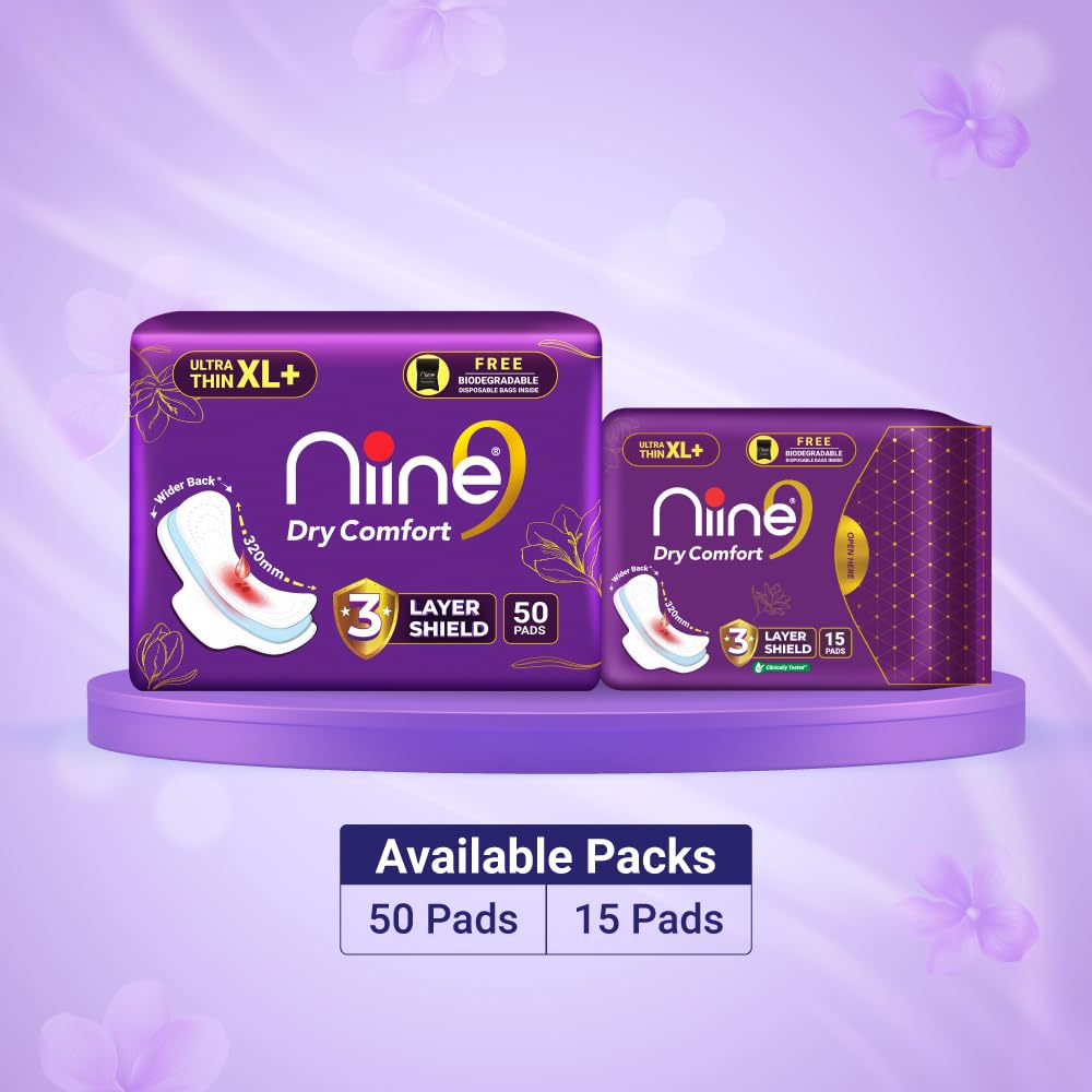 NIINE Dry Comfort Ultra Thin XL+ Sanitary Napkins for Heavy Flow (Pack of 3) 150 Pads with Free Biodegradable disposable bags XXL 150