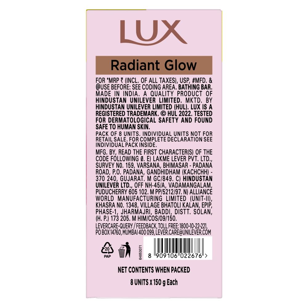 Lux Radiant Glow Bathing Soap infused with Vitamin C & E For Superior Glow Offer Pack of 8 x 150g 1.2 kg (Pack of 1)