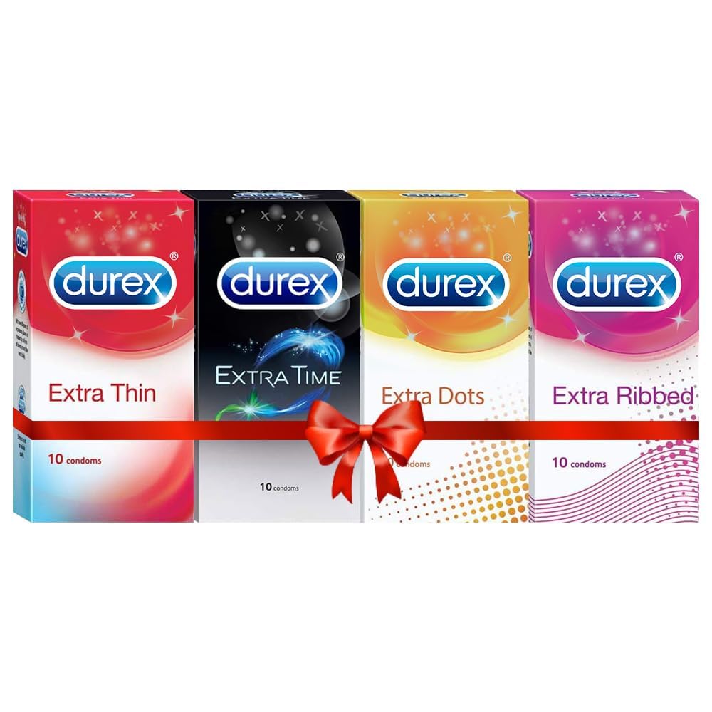 Durex Multi Pack Condoms for Men | Extra Time, Extra Dotted & Extra Ribbed | 10 Count (Pack of 4) Condoms Thin, Ribbed, Dotted & Extra time condoms