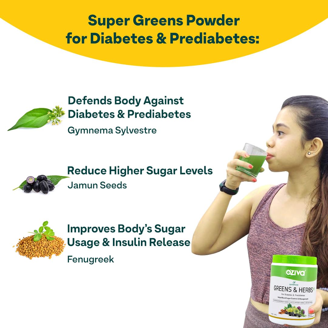 Oziva Superfood Greens & Herbs For Diabetes And Prediabetes Powder, 200G| Greens & Herbs For Sugar Control And Diabetes Management (With Moringa, Milk Thistle,