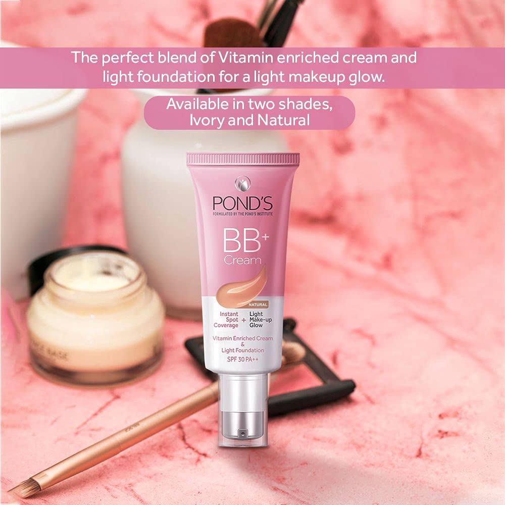 POND'S BB+ Cream, Instant Spot Coverage + Light Make-up Glow, Natural 30g 30 g (Pack of 1)