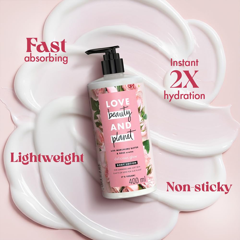 Love Beauty & Planet Natural Murumuru Butter & Rose Glow Body Lotion | 24 hour Moisturization | Non-Sticky | Fast Absorbing | For Normal to Dry Skin | Paraben Free | Vegan | Cruelty-Free | 400 ml