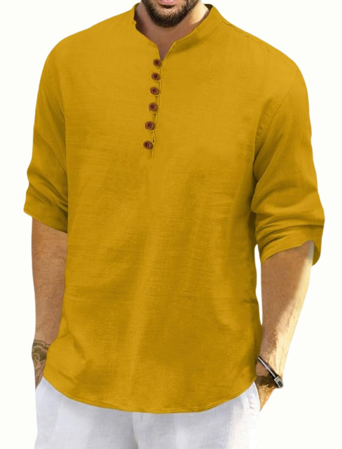 Men's Casual Cotton Blend Short Short Long Sleeve Mandarin Collar Kurta Shirt Elegant Kurta Shirt X-Large Gold