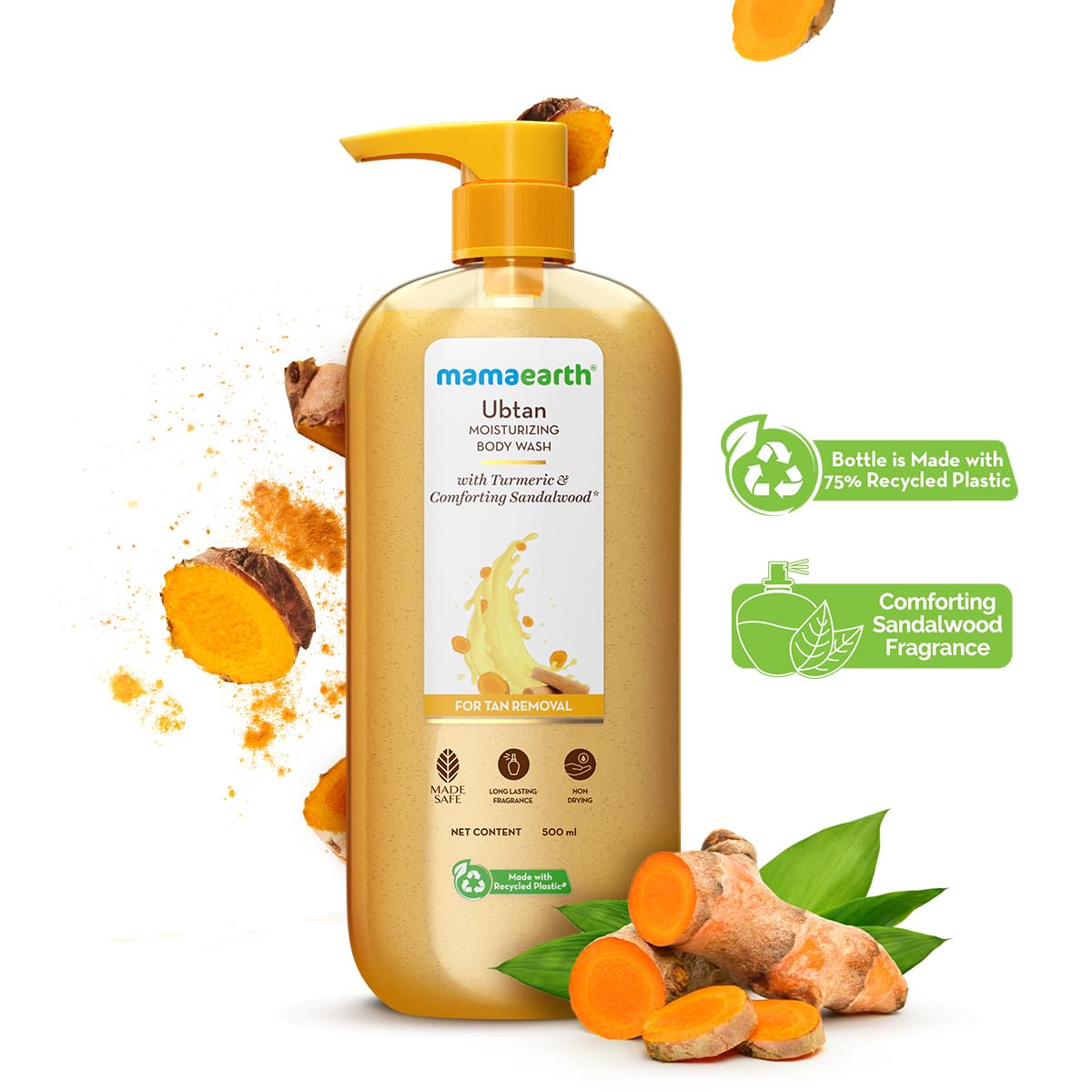 Mamaearth Ubtan Moisturizing Body Wash with Turmeric & Comforting Sandalwood Scent for Tan Removal 500ml | Intensely Moisturizes | Long Lasting Fragrance | Mild