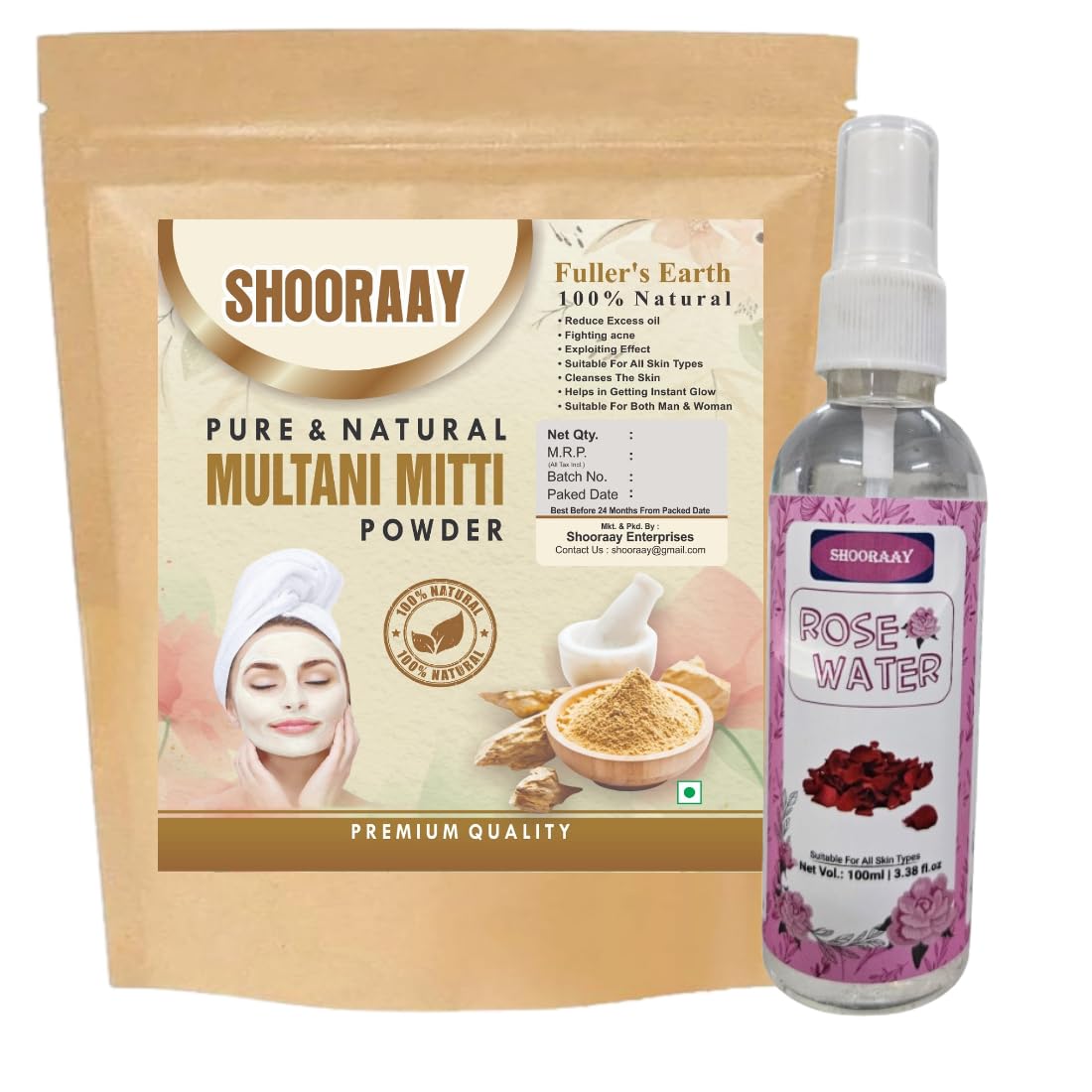 Natural Multani Mitti Powder For Face Pack And Hair Pack for All Skin Type With 100ml Rose Water (Multani Mitti Powder 100gm)