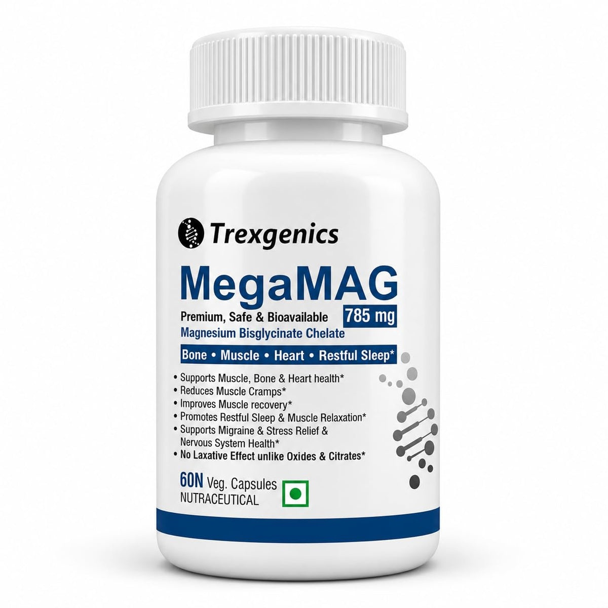 Trexgenics MegaMAG 785mg Magnesium Bisglycinate - Most Bioavailable Magnesium for Sleep, Muscle, Bone & Heart Support (60 Veg. Capsules) (Pack of 1) 60 count (P