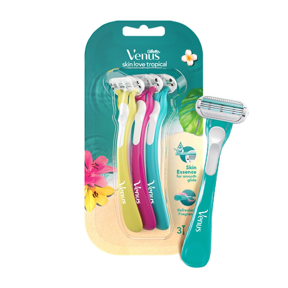 Gillette Venus Women's Venus Skin Love with Skin Essence Razor for Hair Removal - Green, Pack of 3 Green 1 count (Pack of 3) Flexible,Disposable Razor