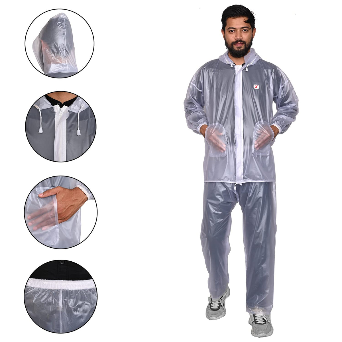 Allextreme Kinder Men Universal Raincoat, waterproof Rainsuit with Adjustable Hood, Drawstring Hem Set of Top & Bottom with Carrying Pouch (White, XXL)