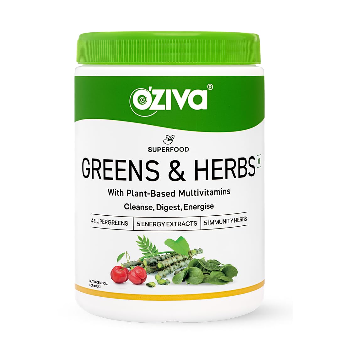 OZiva Superfood Greens & Herbs for Acne Control, Skin Health & Digestion | Daily Greens and 35+ Superfoods, Herbs, Chlorella & Moringa, 200 g Superfood Greens &