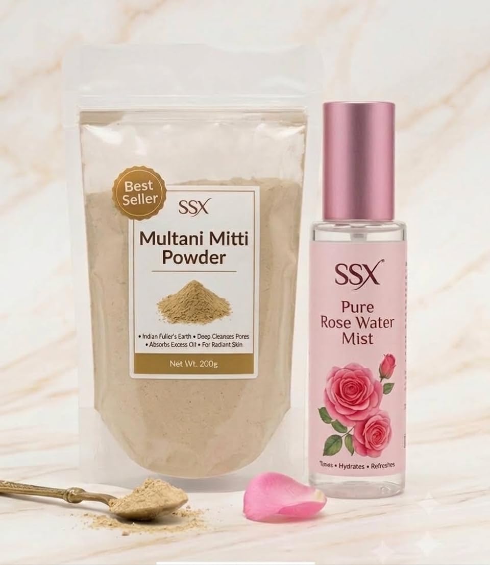 SSX Pure Rose Water Spray Toner and Natural Multani Mitti Powder Combo for Glowing Skin, Oil Control & Acne Care | Herbal Face Pack Kit for Men & Women