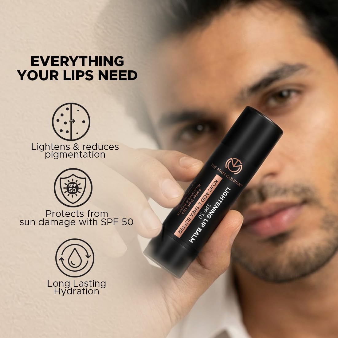 The Man Company Lightening Lip Balm| For Man | Brightens Lips | Non Tinted | Sun Protection with SPF50 | Hydrates | Fades Lip Pigmentation | Kojic Acid & Shea B