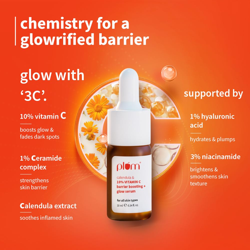 Plum 10% Vitamin C & Calendula Barrier Boosting + Glow Serum 10 ml | With 3% Niacinamide, 1% Hyaluronic acid & 1% Creamide complex| Clinically proven to reduce