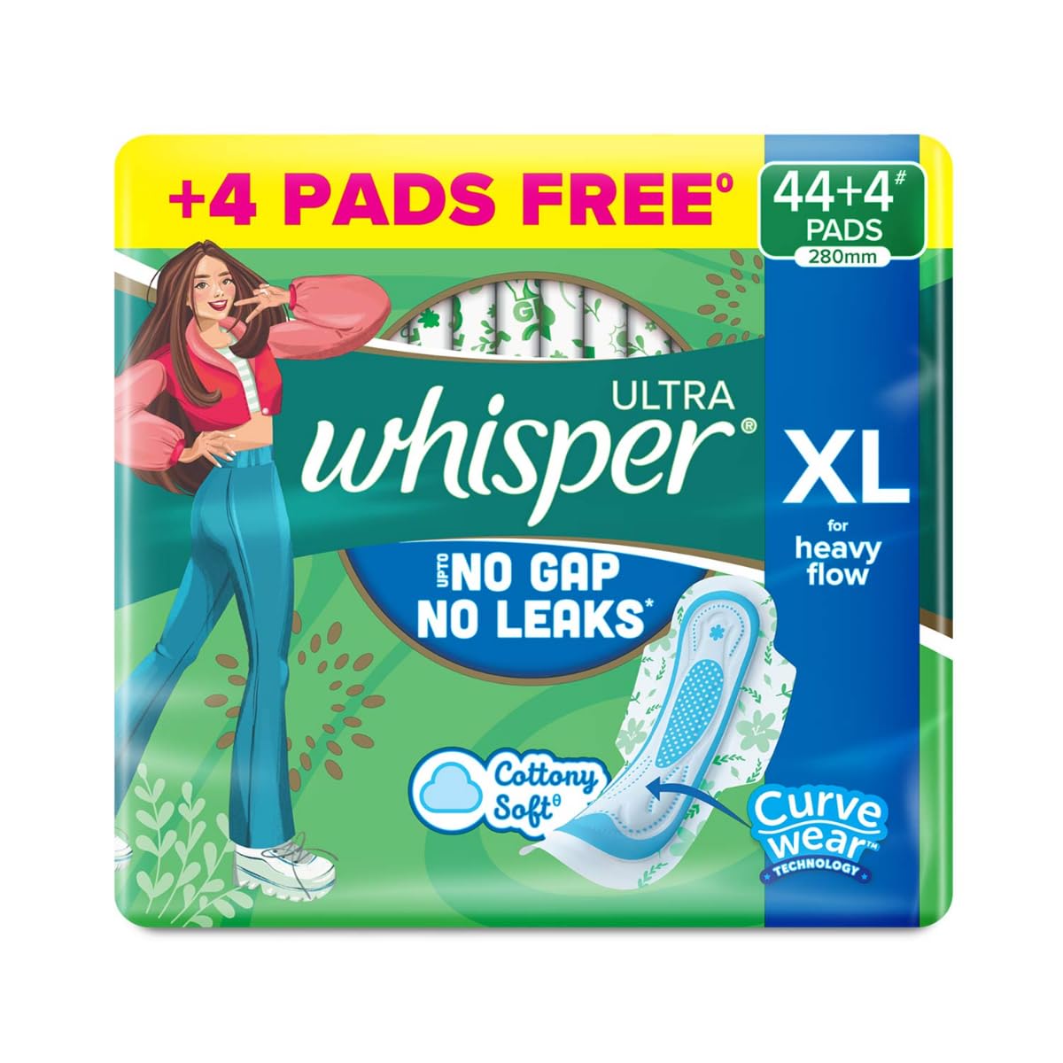 Whisper Ultra Upto No Gap No Leaks* Sanitary Pads, 48 XL Pads, For Heavy Flow Protection, With CURVEWEAR Technology, Cotton Like Softness, Disposable Wrapper, L