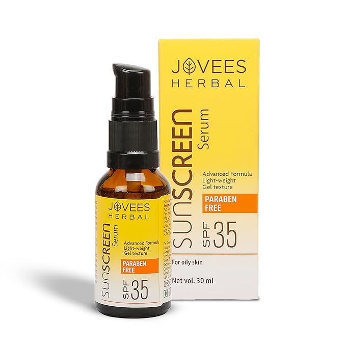 Jovees Herbal Sunscreen Face Serum SPF 35 with Aloe Vera, Carrot and Sunflower Extract, Advanced Light Weight Gel Based Formula For Sun Protection 30ml - For Oi