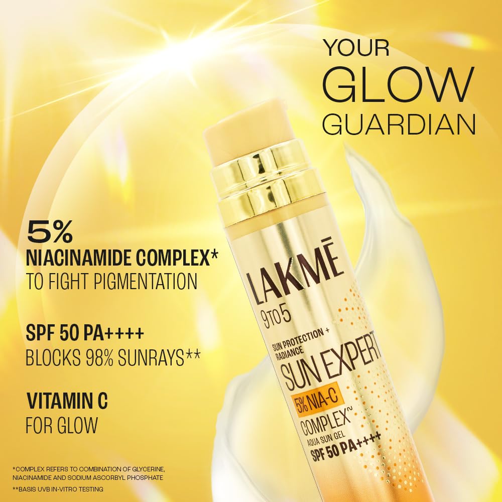 Lakmē 5% Niacinamide & VIT C water-light Sunscreen gel SPF 50 Pa++++In-Vivo tested, 2X Glow,56G