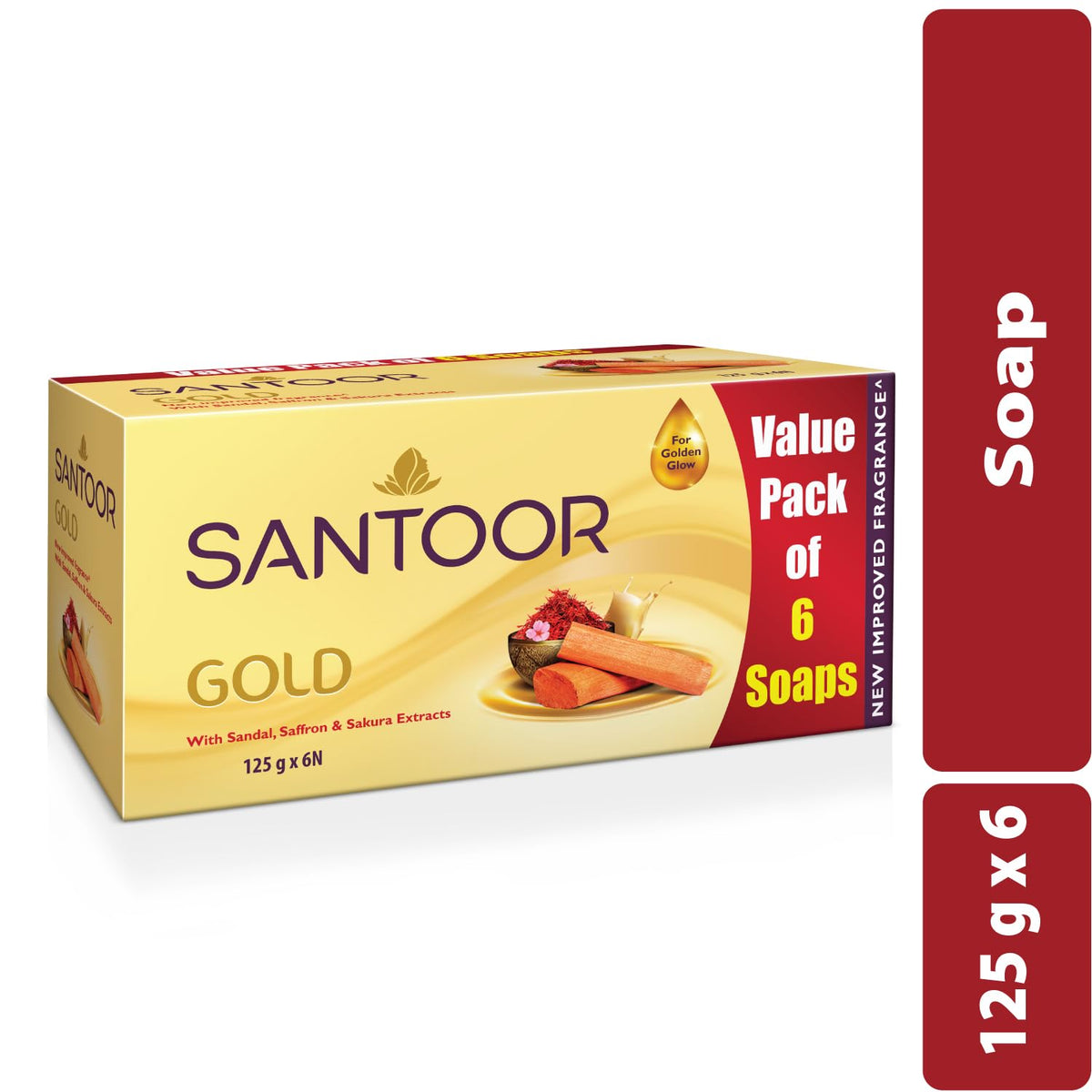 Santoor Gold Bathing Bar Soap with Kashmiri Saffron, Sandal & Sakura Extracts for Soft & Younger-Looking Skin| Gentle & Rich Lathering Formula with Refreshing F