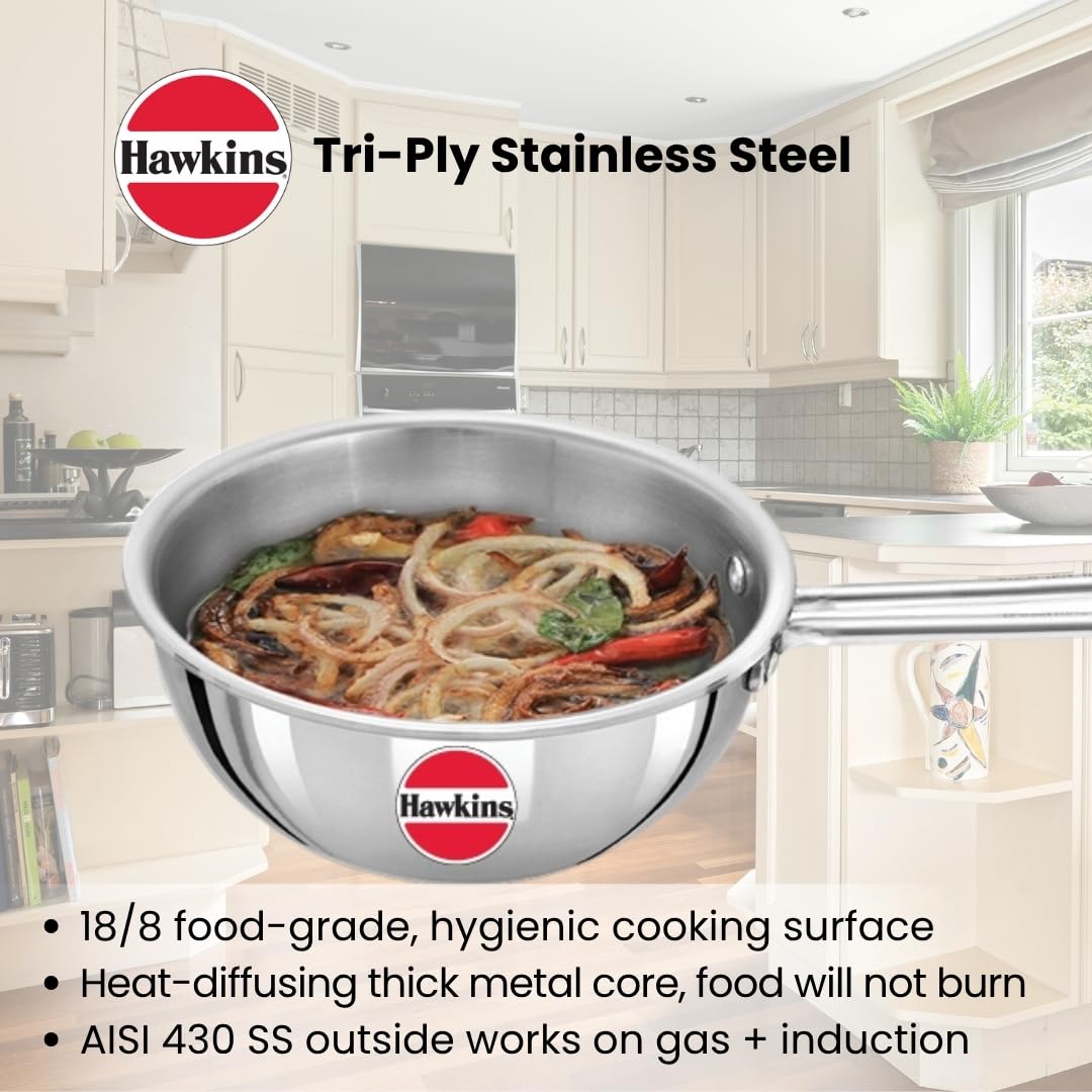 Hawkins 2.5 Cup Tadka Pan, 600ml Triply Stainless Steel Pan, Silver (STP25)