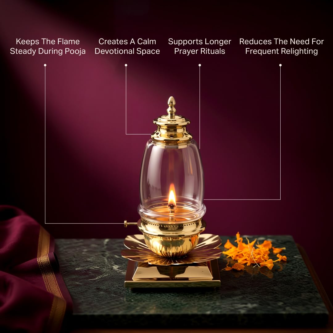 P•TAL Brass Akhand Jyot Diya with Glass Cover – Handcrafted Long-Lasting Oil Lamp for Puja, Mandir & Festivals (1N) Large