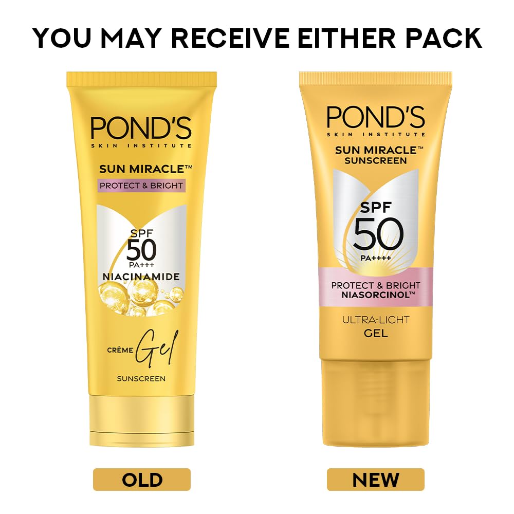 POND’S Sun Miracle SPF 50 PA+++ Crème Gel Sunscreen-Protect & Bright, With 3% Niacinamide, Fade Dark Spots in 4 Weeks, Lightweight, No White Cast 100g