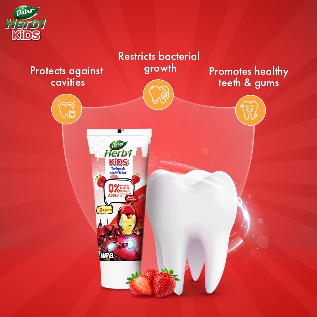 DABUR Herb'l Kids Iron Man Toothpaste|3+ Years|Strawberry Flavour|80 G|No Added Chemicals|Cavity Protection|Fights Germs|Strong Teeth,Healthy Gums|Natural & Safe For Kids|Sls & Flouride Free
