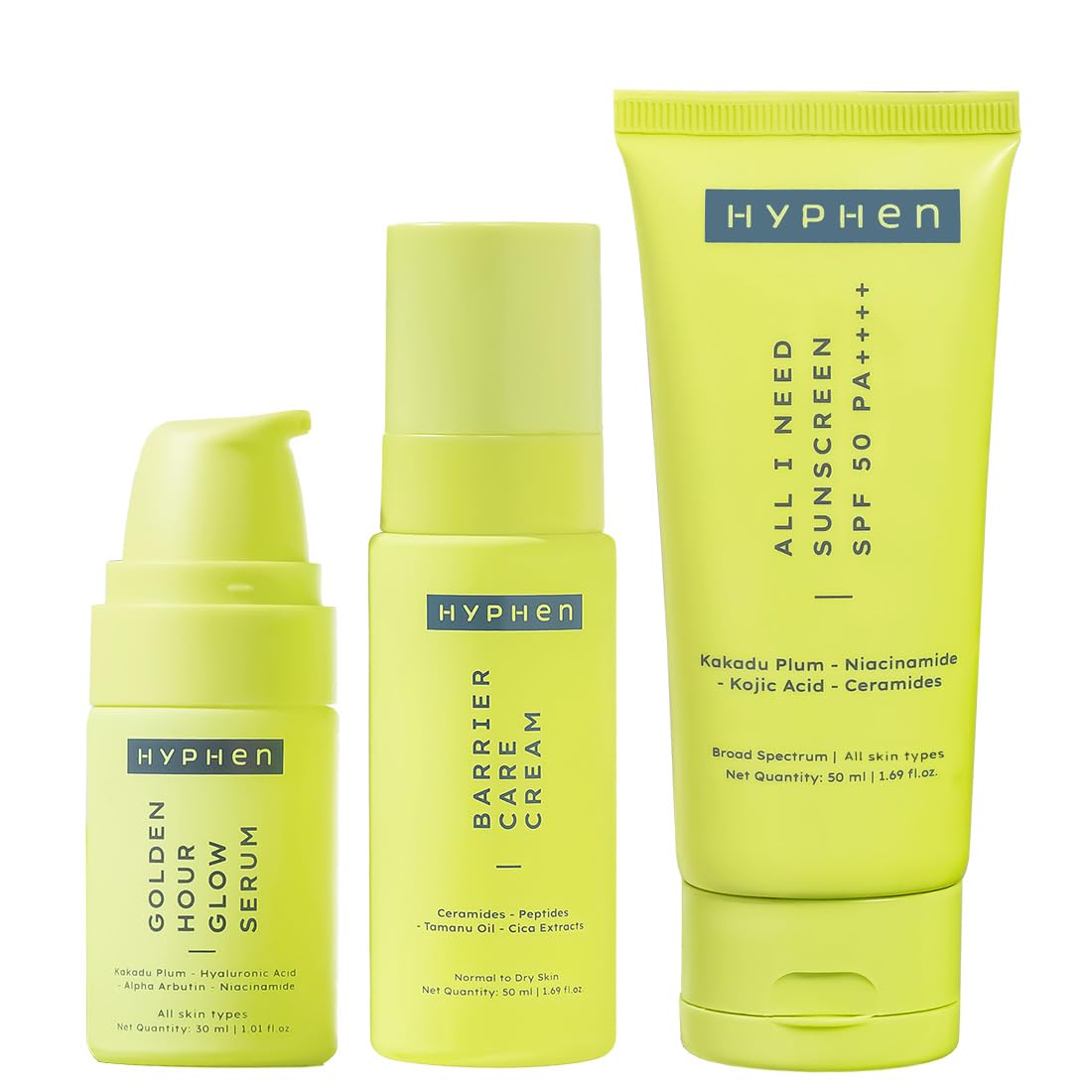 Hyphen Daily Face Care Regime for Normal & Dry Skin | 3 Step Facial Kit Routine withFace Serum, Face Cream & Sunscreen SPF 50 To Heal Skin Dryness & Dehydration