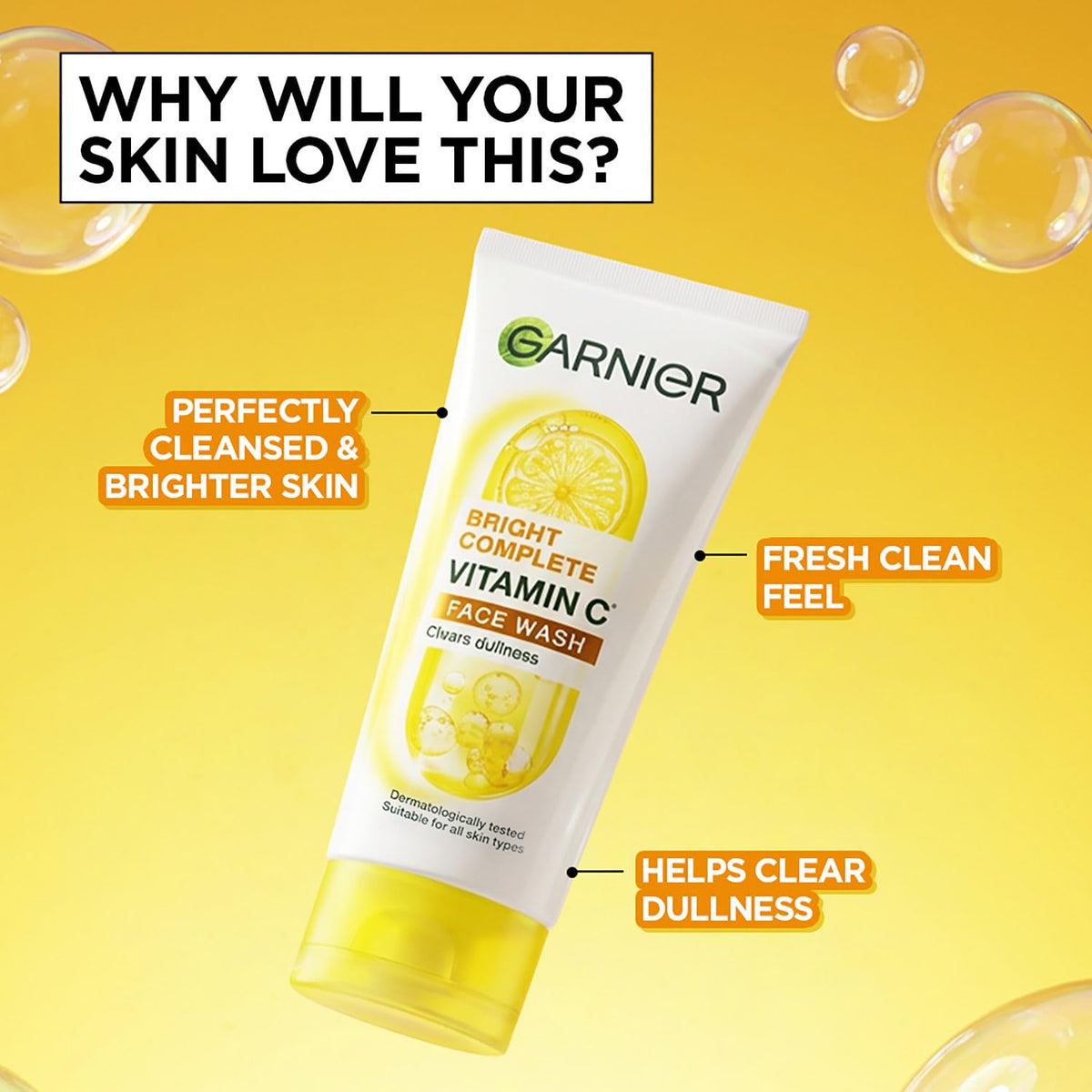 Garnier Skin Naturals Bright Complete Vitamin C Face Wash - Vitamin C Face Wash For Brighter and Glowing Skin - Daily Cleanser Suitable For all Skin Types, 150g