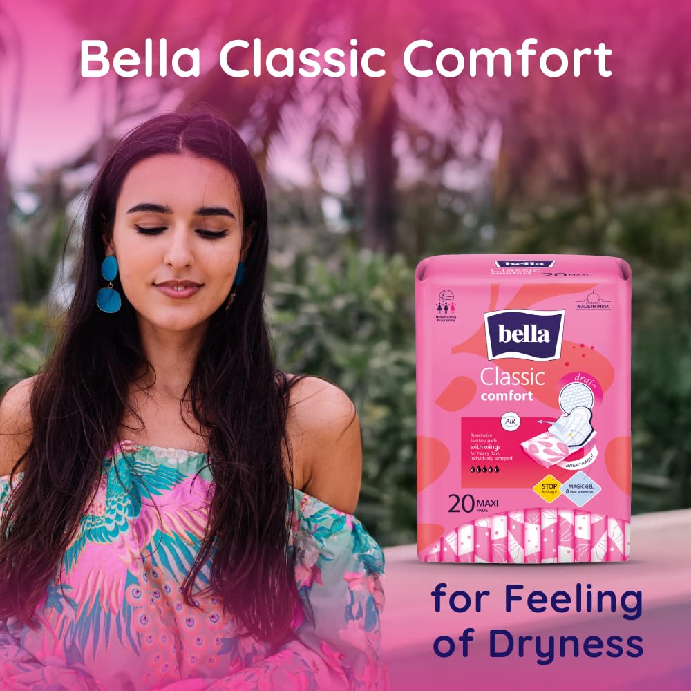 Bella Classic Comfort Maxi Drai Sanitary Pads XL - 20pcs | Maximum Dryness | 28 Cm Long With Wings | Rash Free Period | Suitable For Heavy Flow | Disposable Wra