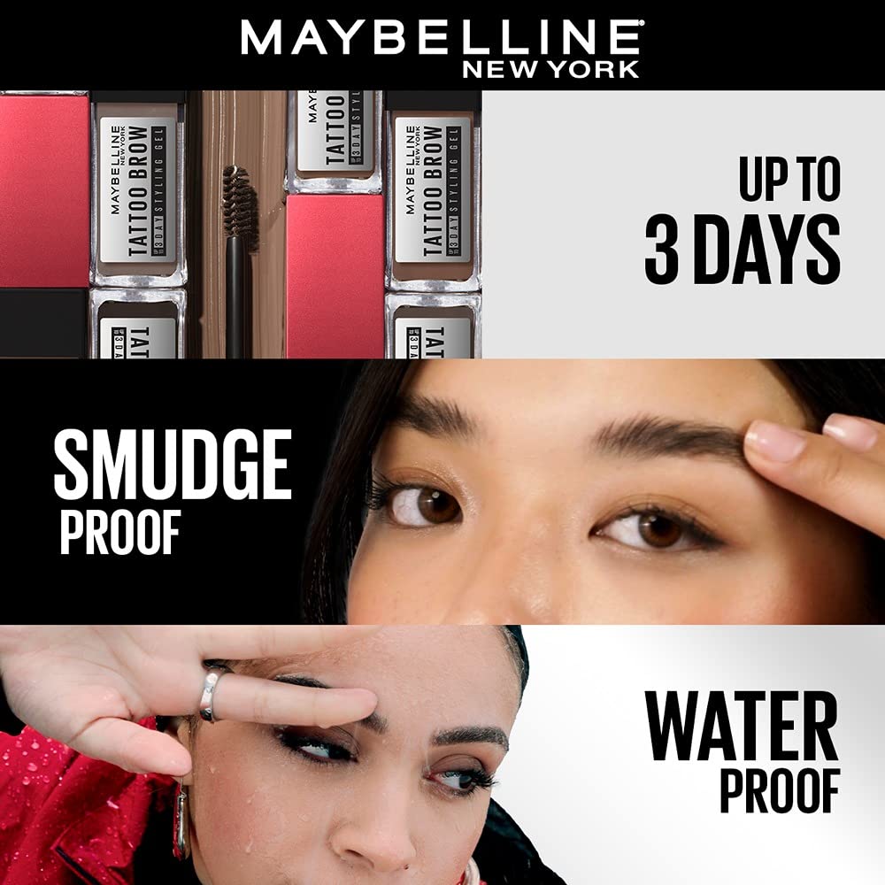 Maybelline New York Tattoo Brow 3 Day Styling Brow Gel - Grey Brown, Semi-permanent Tinted Eyebrow Gel, Water, smudge & Transfer-proof. Tattoo Brow 3 Day Styling Brow Gel Last Up To 3 Days | 6ml