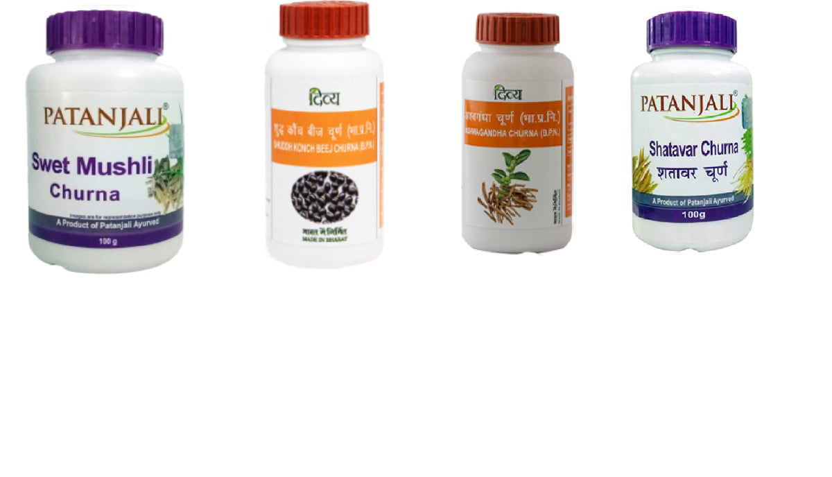 Patanjali Ayurveda Shatavar, Swet Mushli, Ashwagandha & Konch beej Churna Shuddh Combo, 100gm each