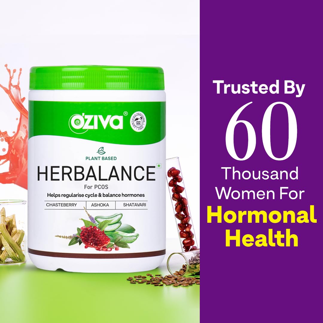 OZiva Plant Based HerBalance for PCOS Supplements for Women 200g, with Myo-Inositol, ChasteBerry, Shatavari, PCOS Supplements for Women Promoting Better Cycle &