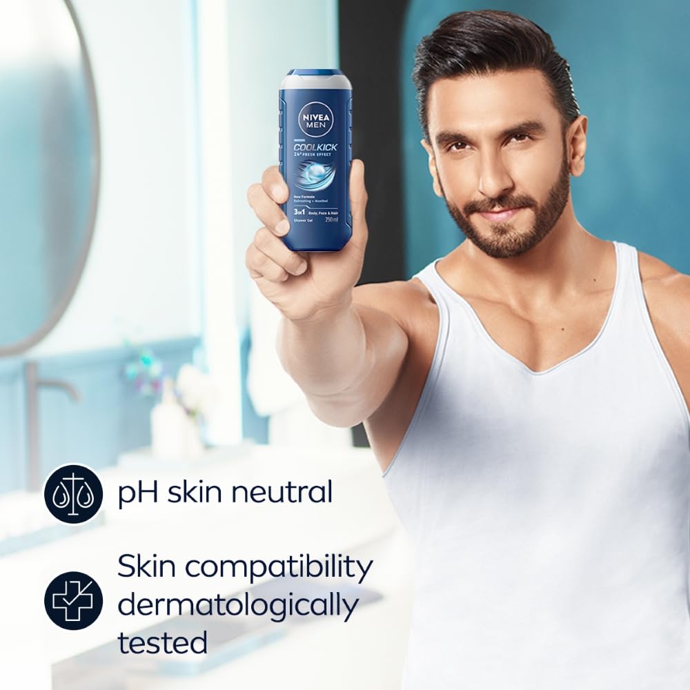 NIVEA MEN Cool Kick 250ml Body Wash| Shower Gel for Face, Body & Hair| Refreshing Icy MENthol|24 H Freshness |For All Skin & Hair Types Menthol 1 count (Pack of