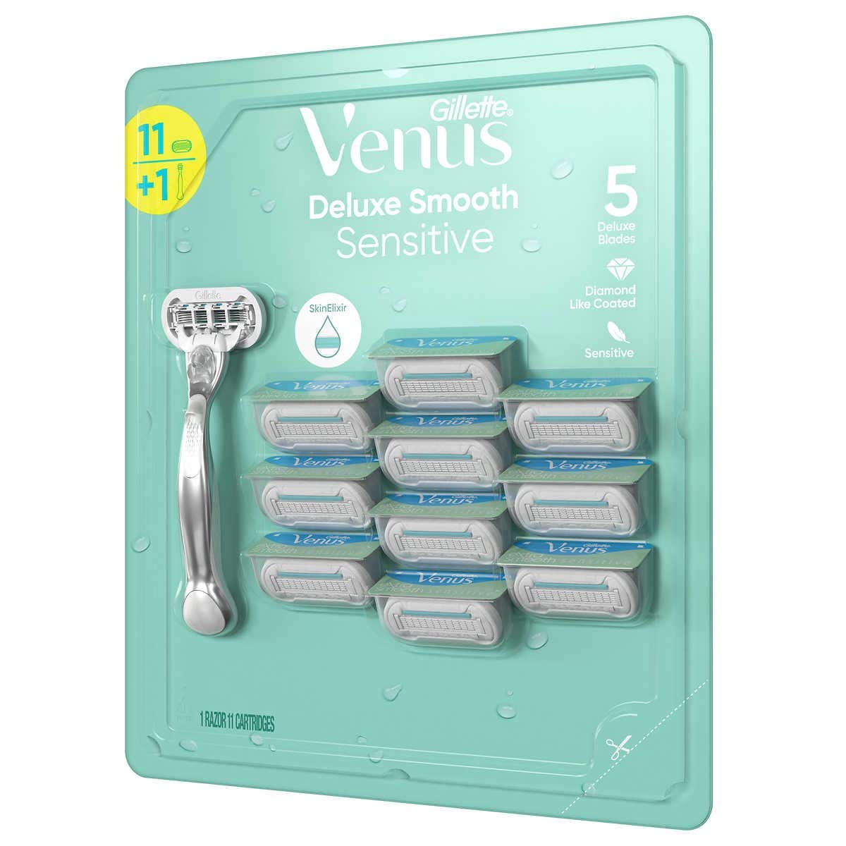 Gillette Venus Deluxe Smooth Sensitive 11 Count Cartridge Razor, Chrome or Stainless Steel Handle, 5 Blades Each, Moisturizing Strip, Microcomb, Women's Razor f