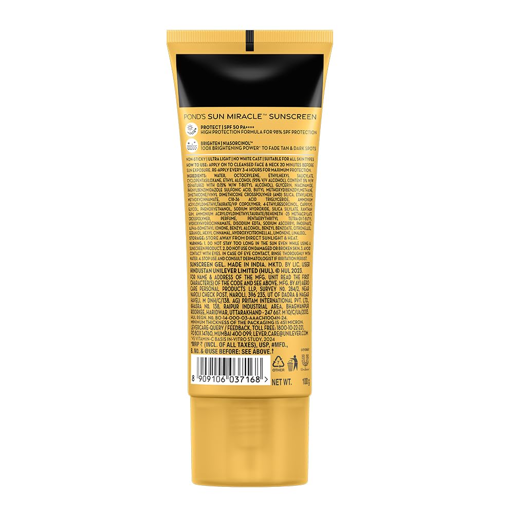 POND’S Sun Miracle SPF 50 PA+++ Crème Gel Sunscreen-Protect & Bright, With 3% Niacinamide, Fade Dark Spots in 4 Weeks, Lightweight, No White Cast 100g