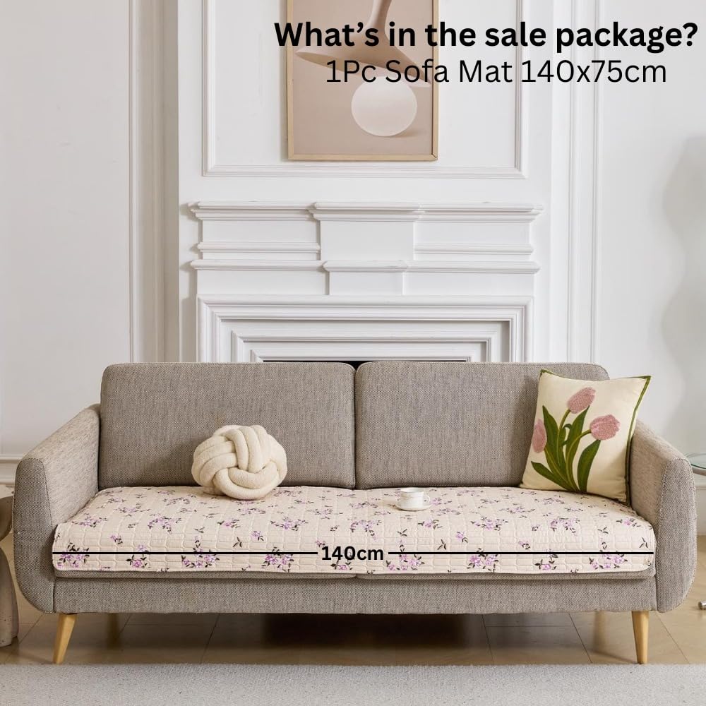 HOMETHREADS Anti-Skid Sofa Protector Mat: Premium Printed Cotton Slipcover with Strong PVC Non-Slip Backing (Beige, 2 Seater | 140x75cm) Beige 2 Seater | 140x75