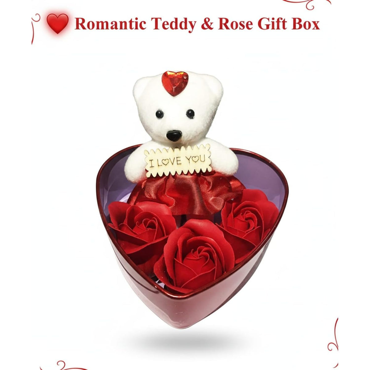 sakoraware Red Heart Shape Romantic Gift Box with Small Doll Teddy Bear & Artificial Rose | Valentine Anniversary Wedding Special Love Gift Set for Couples Girl