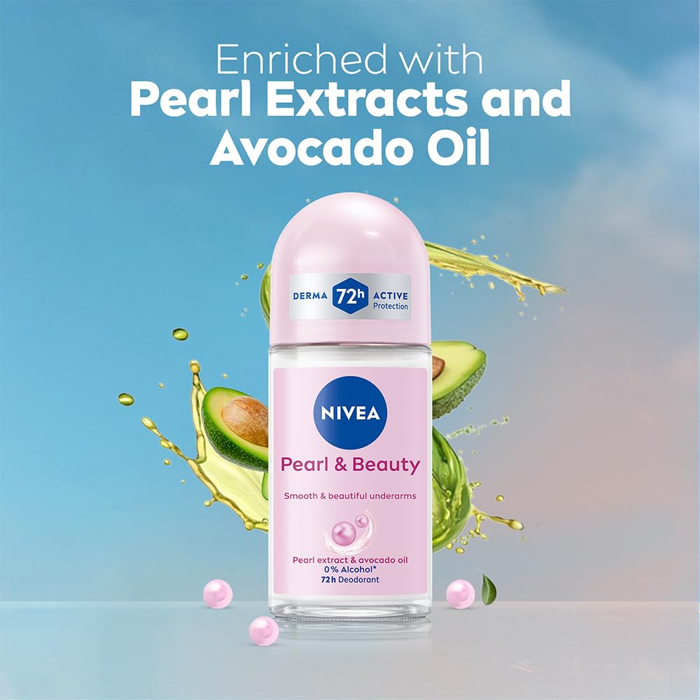 NIVEA Pearl and Beauty 50ml Deo Underarm Roll On | With Pearl Extracts & Avocado Oil | 72 H Long Lasting Floral Scent | 0% Alcohol and Dermat Approved | For Wom