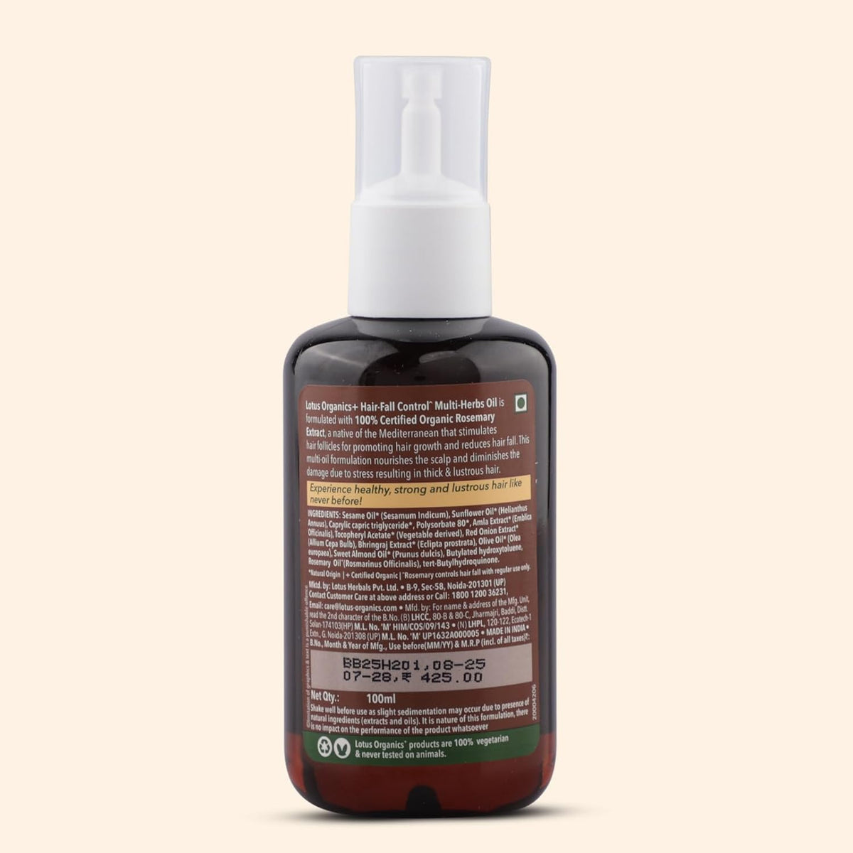 Lotus Organics+ Hair-Fall Control Multi-Herbs Hair Oil With 100% Certified Organic Rosemary | Helps Reduce Hair Fall, Promote Hair Growth | Cold-Pressed Hair Oi