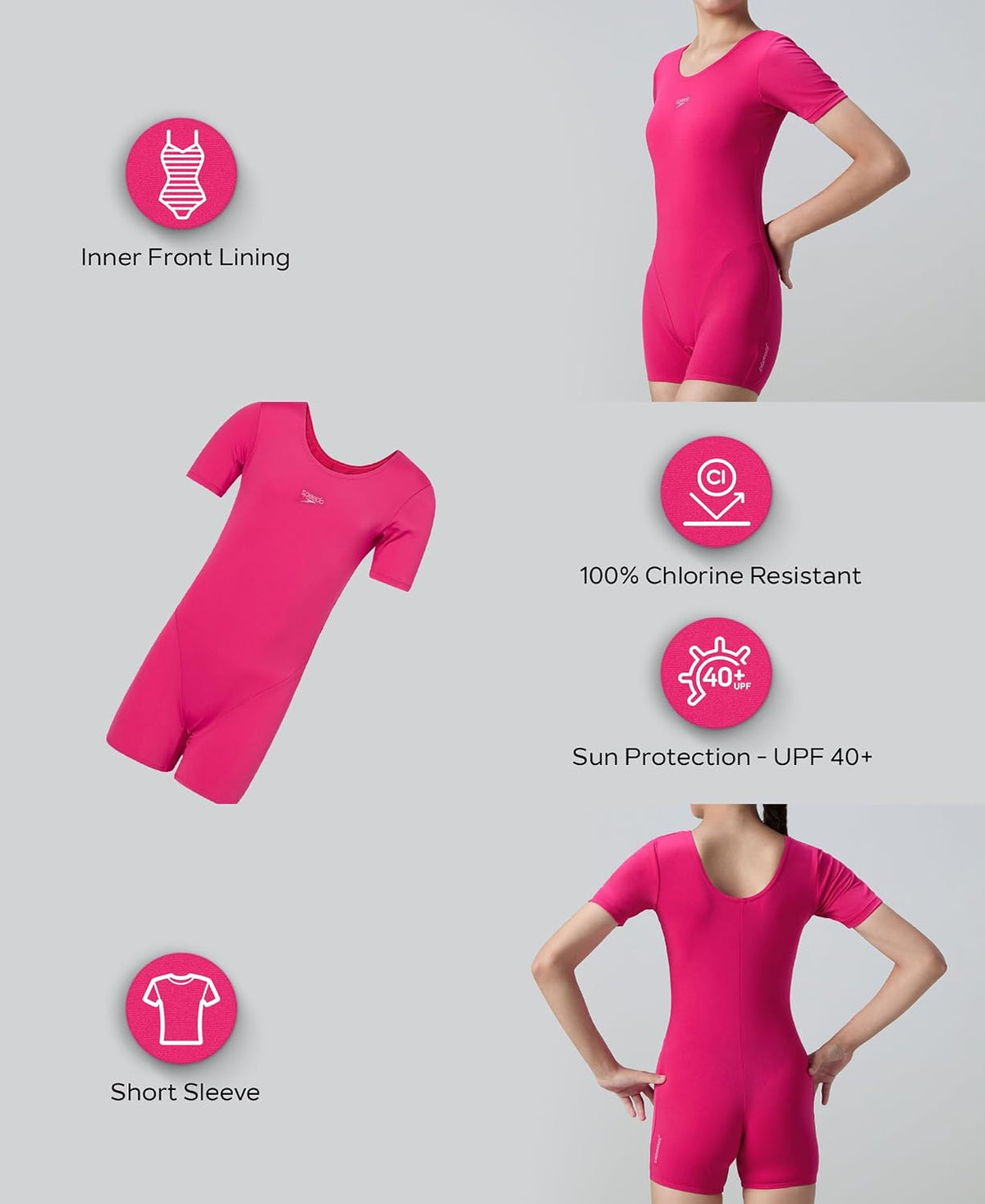 Speedo Girl's Endurance+ Short Sleeve Essential U-Back Legsuit Swimming Costume | Chlorine Resistance | Quick Drying Fabric | UPF 40+ Sun Protection