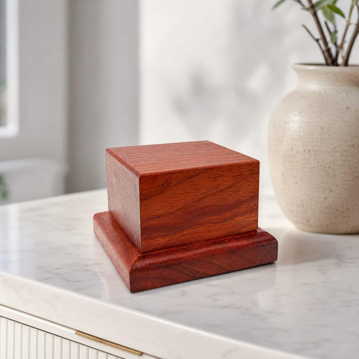 Polished Square Wooden Display Pedestal Versatile Small Wood Display Block with Stepped Base Compact Red Pear Wood Figurine Stand Low-Profile for Collectors, Te