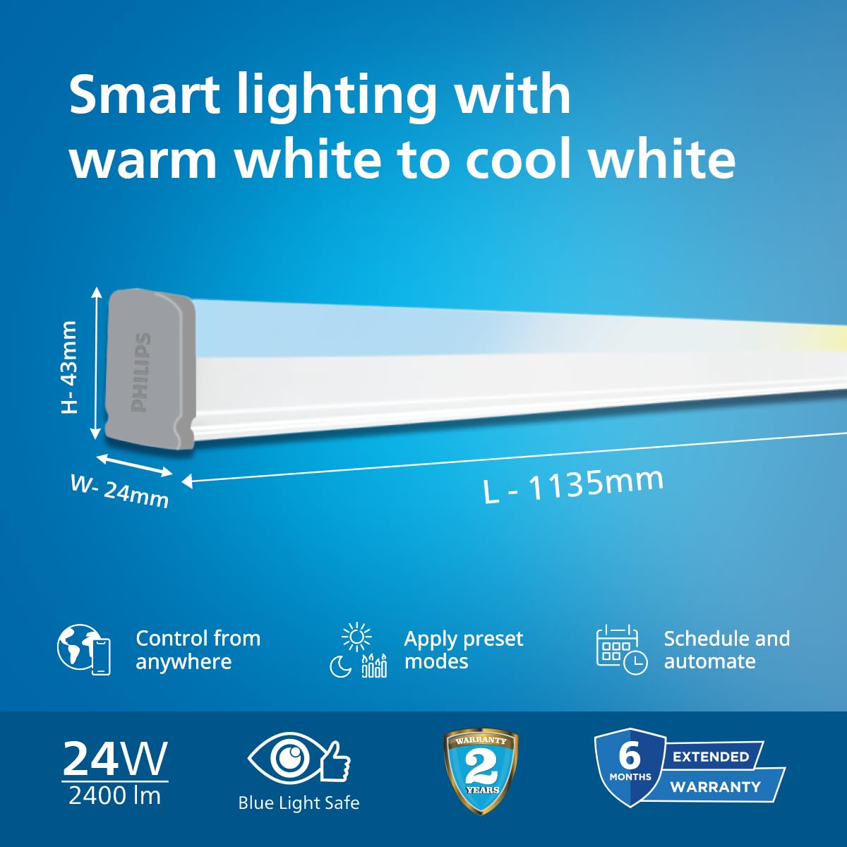 PHILIPS Smart Wi-Fi 24W LED Batten NXT | Tunable White 2700K–6500K | 2400 Lumens | WiZ App & Voice Control (Alexa, Google) | Energy Efficient | Pack of 1