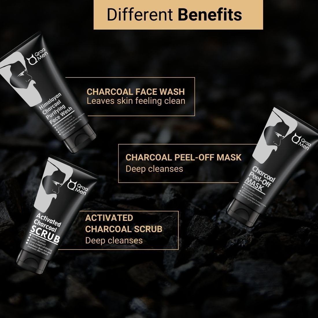 Qraa Men Charcoal Kit : Charcoal Scrub, Face wash & Peel-off Mask For Men - with Essential Oils | For deep cleansing & Glowing Skin | Anti Acne & Blackhead Remo