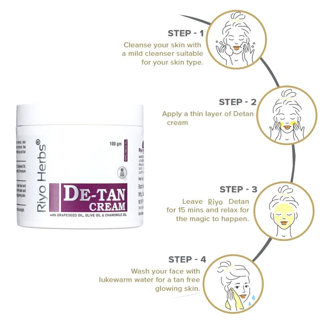 Riyo Herbs De-Tan Cream | Enriched with Natural Ingredients Grapeseed Oil &amp; Olive Oi | for Face, Neck, Hands &amp; Foot | Without Bleach Formulation | For T