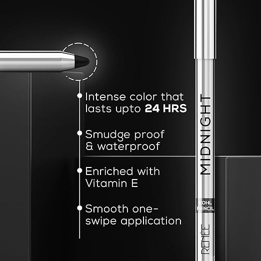 RENEE Midnight Kohl Pencil One-Swipe-Application with rich color Payoff - Smudgeproof and waterproof - Enriched with Vitamin E, Olive Oil and Castor Oil - 1.5 G
