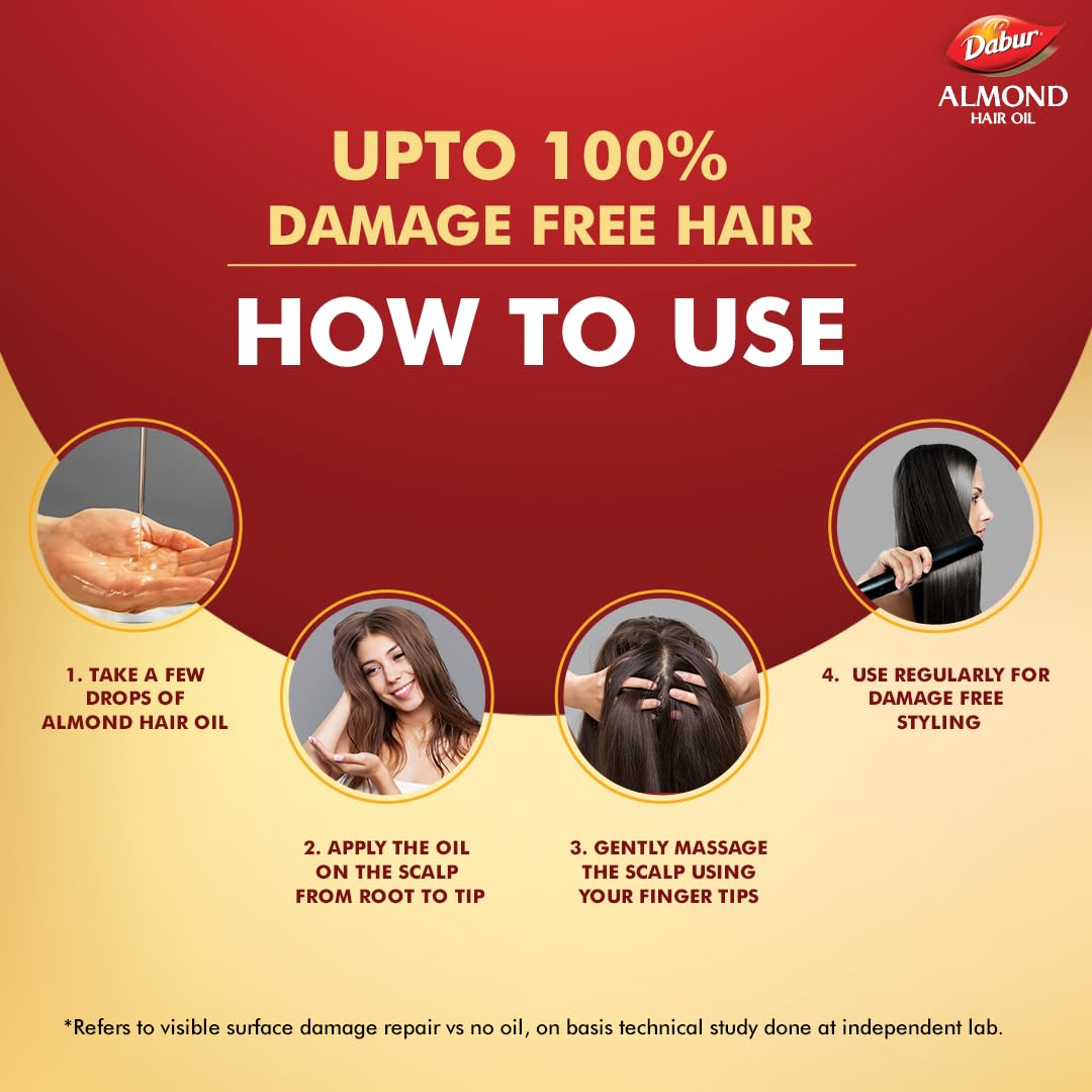 Dabur Almond Hair Oil - 650 ml|Provides Damage Protection|Non Sticky Formula|For Hair Fall control & Shiny Hair|Light Hair Oil with Almonds, Keratin Protein, Soya Protein & 10X Vitamin E (Pack of 1)