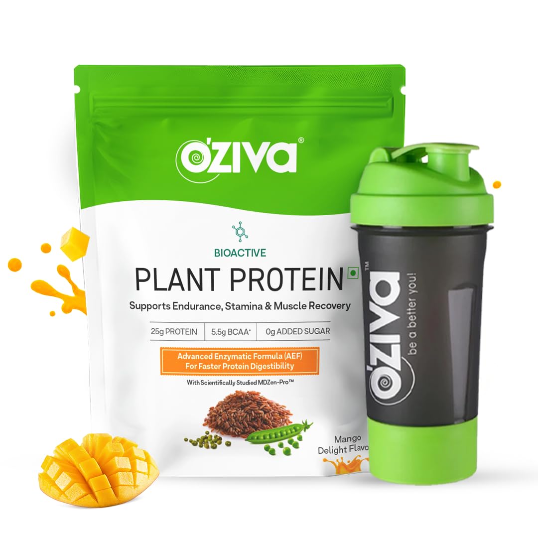 OZiva Bioactive Plant Protein Powder, 5.5g BCAA, Pea Isolate, Mango, 1kg